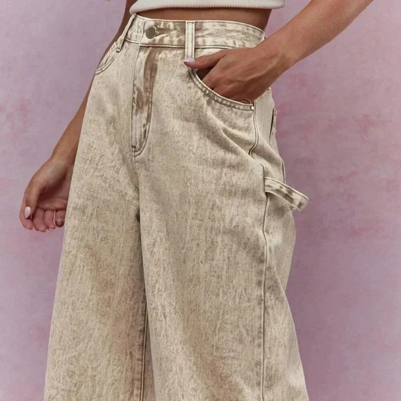 Khaki Casual Women's Washed Folded Hem Straight Leg Jeans - Picture 4 of 4